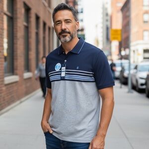 Izod Advantage Performance Stretch Navy and Light Gray Striped Polo - XL